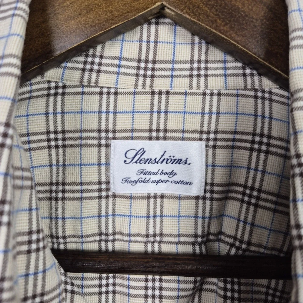 Stenstroms Mens XL Tan Plaid Twofold Cotton Fitted Long Sleeve Button Up Shirt